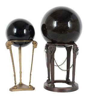 (2) Black Stone Spheres on Brass Stands