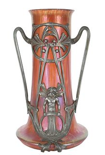 Loetz Art Nouveau Glass & Metal Twin-Handled Vase