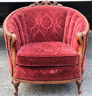 Red Velour & Carved Wooden Barrel Chair
