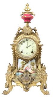 French Gilt Bronze Clock, Porcelain Plaque