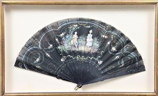 Antique French Hand Painted Ladies Fan, Framed