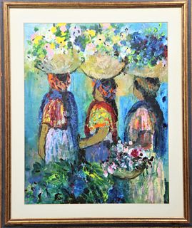Signed Watercolor, Three Women with Baskets"