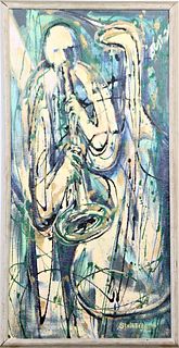 "Man Playing Trumpet" Signed, Oil/Board