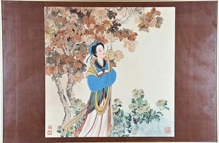 Woodblock Print, Asian Maiden in Autumnal Setting