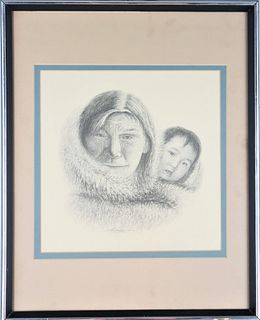 Portrait of Inuit Woman w Child, Signed Litho