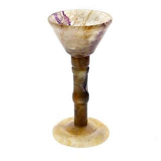 A Blue John goblet The sloping funnel bowl with a band of lilac parallel veining on a 'vaseline' gro