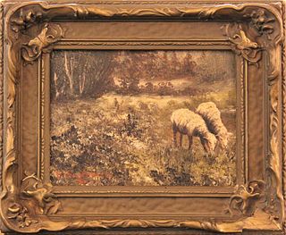 Antique Oil of Two Sheep Grazing, O/B