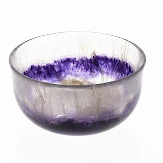 A signed Blue John bowlTreak Cliff Blue Vein Of steep-sided circular form with a band of amethyst ve