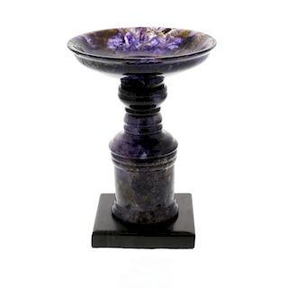 A Blue John pedestal tazza. Treak Cliff Blue Vein The dished circular top on knopped stem and cylind