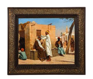 An Exceptional Orientalist Oil Painting "The Barber", Cairo (19th Century)