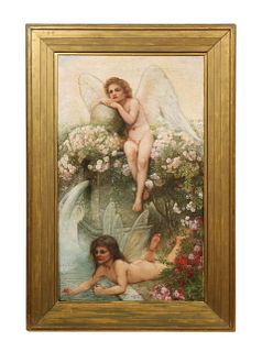 A Beautiful Oil on Canvas "Two Cherubs in the Garden" in Original Frame
