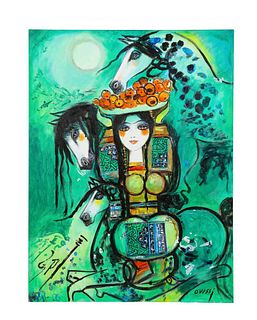 Nasser Ovissi, 'Iranian, Born 1934' "Girl with Arabian Horses" Oil on Canvas