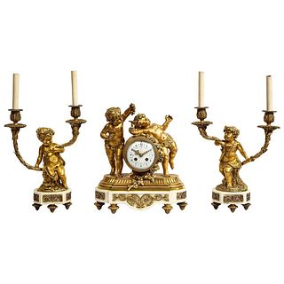 French Ormolu-Mounted White Marble Three Piece Clock Garniture, Clodion