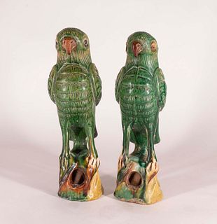 Two Glazed Pottery Parrots