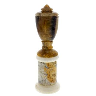 A Blue John urn on pedestalWinnats One Vein The neoclassical shouldered ovoid body with stepped dome