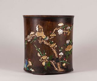Chinese Hardstone-Inlaid Huanghuali Brush Pot