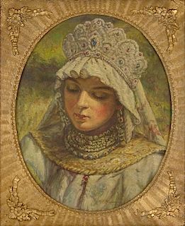 Russian painting in oval frame signed