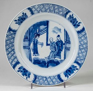 Blue & White Figural Plate w/ Kangxi Mk and Period