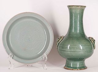 Longquan Style Pottery Vase and Dish