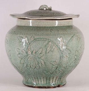 Large Crackle Glazed Celadon Covered Jar