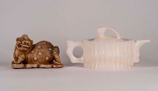 Chinese Carved Hardstone Pi Xiu and Teapot