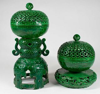 Two Chinese Green-Glazed Porcelain Censers