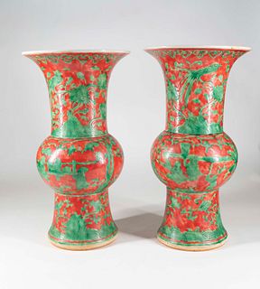 Pair of Large Red and Green '100 Boys' Vases