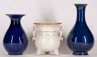 Two Cobalt Porcelain Vases and a White Tripod Vase
