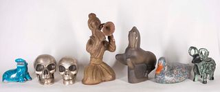 Group of Decorations and Pair Metal Skulls