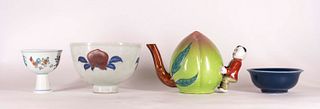Two Chinese Bowls, Cadogan Teapot and a Stem Cup