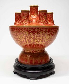 Gilt and Coral Glazed Porcelain Flower Vase