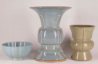 Two Chinese Vases and a Ru Style Lobed Bowl