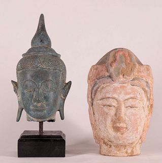 Bronze Buddha Head and Tang Terrecotta Head