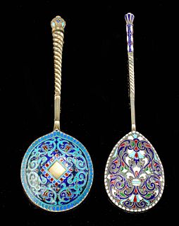 Pair of 19th C. Russian Cloisonne & Gilt Silver Spoons