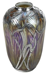 Quezal Art Glass Vase with Alvin Silver Overlay