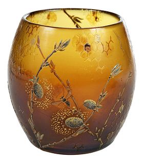 Galle Enameled Honey Bee Motif Art Glass Vase