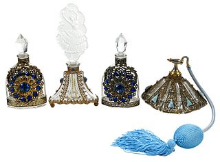 Four Jeweled Bottles with Gilt Filigree Mounts