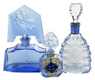 Three Art Glass Blue Perfume Bottles