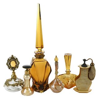 Six Amber Glass Atomizer and Perfume Bottles