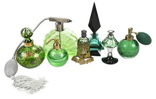 Seven Green Glass Perfume Bottles