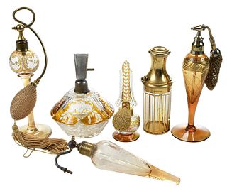 Six Amber Art Glass Atomizer and Perfume Bottles