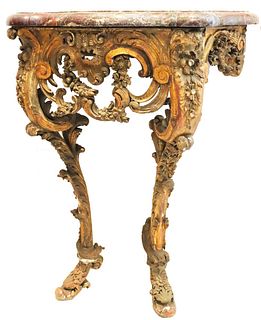 19th C French Carved Gilt Wood Marble Top Console