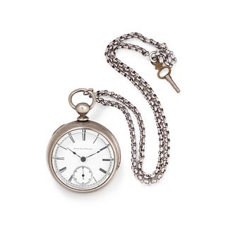 ELGIN, SILVER OPEN FACE POCKET WATCH WITH CHAIN