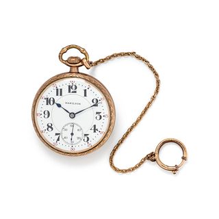 HAMILTON, GOLD-FILLED OPEN FACE POCKET WATCH WITH FOB CHAIN