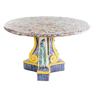 Italian Stone & Faience Round Pedestal Table