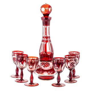 Bohemian Cranberry Cut to Clear Decanter Set