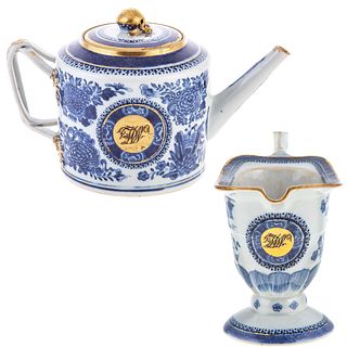 Chinese Export Blue Fitzhugh Drum Teapot & Pitcher