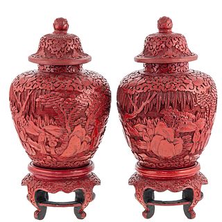 Pair of Chinese Cinnabar Lacquer Jars & Stands