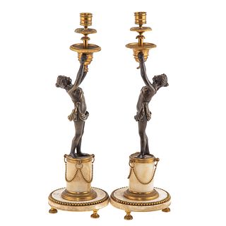 Pair French Bronze & Marble Figural Candlesticks