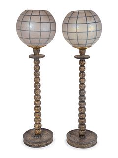 A Pair of Persian Painted Candlestick Lamps with Globes
Height overall 27 1/2 x diameter 8 inches.